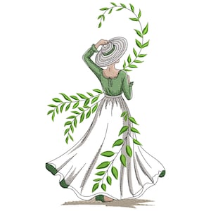 Könnte beinhalten: Gesticktes Design einer Person in einem grünen Oberteil, weißem Rock und breitkrempigem Hut. Grüne Blätter bilden eine dekorative Umrandung der Figur. Das Design befindet sich auf weißem Hintergrund.