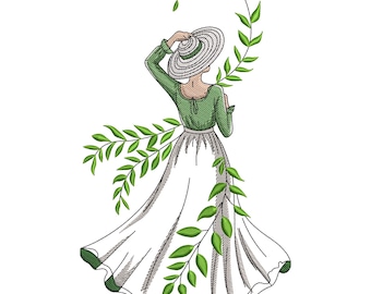 Elegant Lady in Leaves borduurontwerp, Lady in Flowers-borduurbestand, Dancing Lady-borduurbestand, machineborduurontwerp