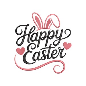以下が含まれることがあります： 白い背景に、黒い筆記体で「Happy Easter」とピンクのアクセント。ピンクのウサギの耳と2つのピンクのハートがデザインされており、お祝いのイースターテーマになっています。