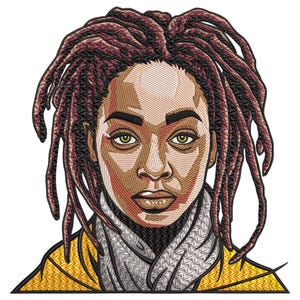 Puede incluir: Retrato bordado de una persona con piel morena, ojos verdes y rastas color burdeos. La persona lleva una bufanda gris y una chaqueta amarilla. La imagen tiene una apariencia detallada y texturizada.