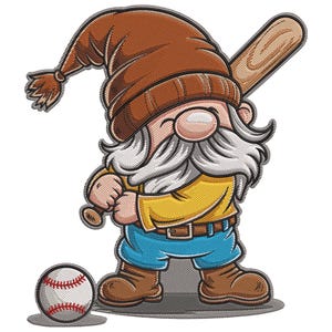 May include: A cartoon illustration of a garden gnome in a brown hat and boots, yellow shirt, and blue pants, holding a baseball bat. A baseball with red stitching is on the ground. The gnome has a long white beard and is ready to swing.