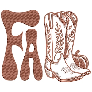 May include: A brown graphic with the word "FA" next to a pair of cowboy boots and a small pumpkin. The boots are white with brown decorative stitching. The pumpkin is brown.