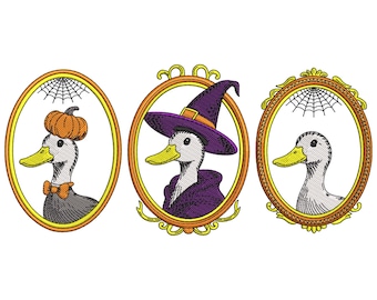 Halloween Ducks Portrait Embroidery Design, Pumpkin and Witch Hat Machine Embroidery File, Instant Download