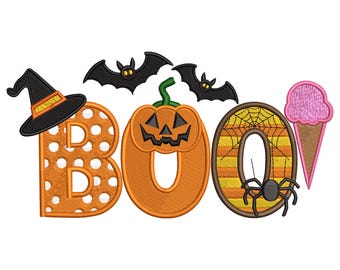 Spooky BOO Halloween Embroidery Design. Pumpkin, Bat & Spider Machine Embroidery File, Instant Download
