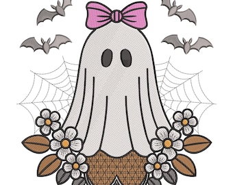 Ghost with Bow Embroidery Design, Spooky Cute Halloween Machine Embroidery Digital File, Instant Download