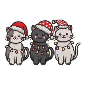 May include: Three embroidered cats wearing Santa hats and Christmas lights. The cats are gray, black, and white, each with a unique expression. The image is a festive holiday design.