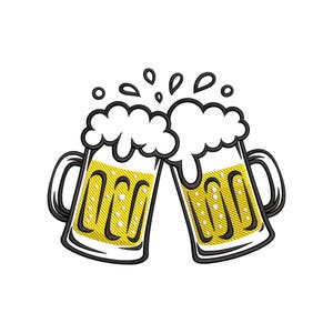 Può includere: Illustrazione di due boccali di birra che si toccano, con schiumose teste bianche e birra gialla. I boccali hanno contorni e manici neri, su sfondo bianco.