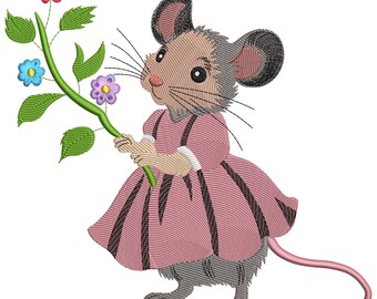 Mouse in Pink Dress Embroidery Design: Baby Rodent Floral Bouquet, Machine Embroidery File