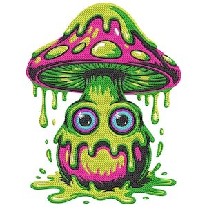 Peut inclure: Motif brodé d'un champignon de dessin animé aux couleurs vives. Le chapeau du champignon est rose avec des taches jaunes, et la tige et le visage sont verts. Le champignon a de grands yeux expressifs et un effet dégoulinant et fondant.