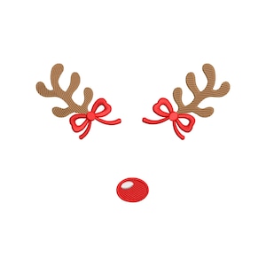 May include: Embroidered Christmas reindeer face with brown antlers, red bows, and a red nose. Festive holiday design for apparel, crafts, or decorations. Perfect for creating a cheerful Christmas theme.