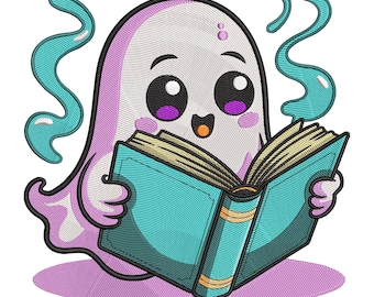 Diseño de bordado de fantasma con libro, archivo de bordado a máquina de lectura de Halloween, descarga instantánea