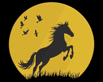Running Horse Sunset Embroidery Design, Horse Silhouette Embroidery File, Moon Landscape Machine Embroidery, Instant Download