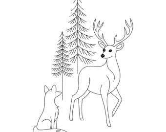 Deer and Fox Forest Embroidery Design, Woodland Wildlife Machine Embroidery File, Instant Download