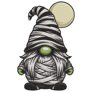 Op de afbeelding: Illustratie van een Halloween-kabouter. De kabouter is gewikkeld in witte verbanden met zwarte strepen op de hoed. Hij heeft een lange witte baard, een groene neus en groene handen en voeten. Een gele maan staat achter de kabouter.