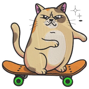 Peut inclure: Motif brodé d'un chat sur un skateboard. Le chat a une expression grincheuse, avec un pelage brun clair et beige, et fait du skateboard sur une planche orange avec des roues vertes. Le motif comprend des étoiles scintillantes.
