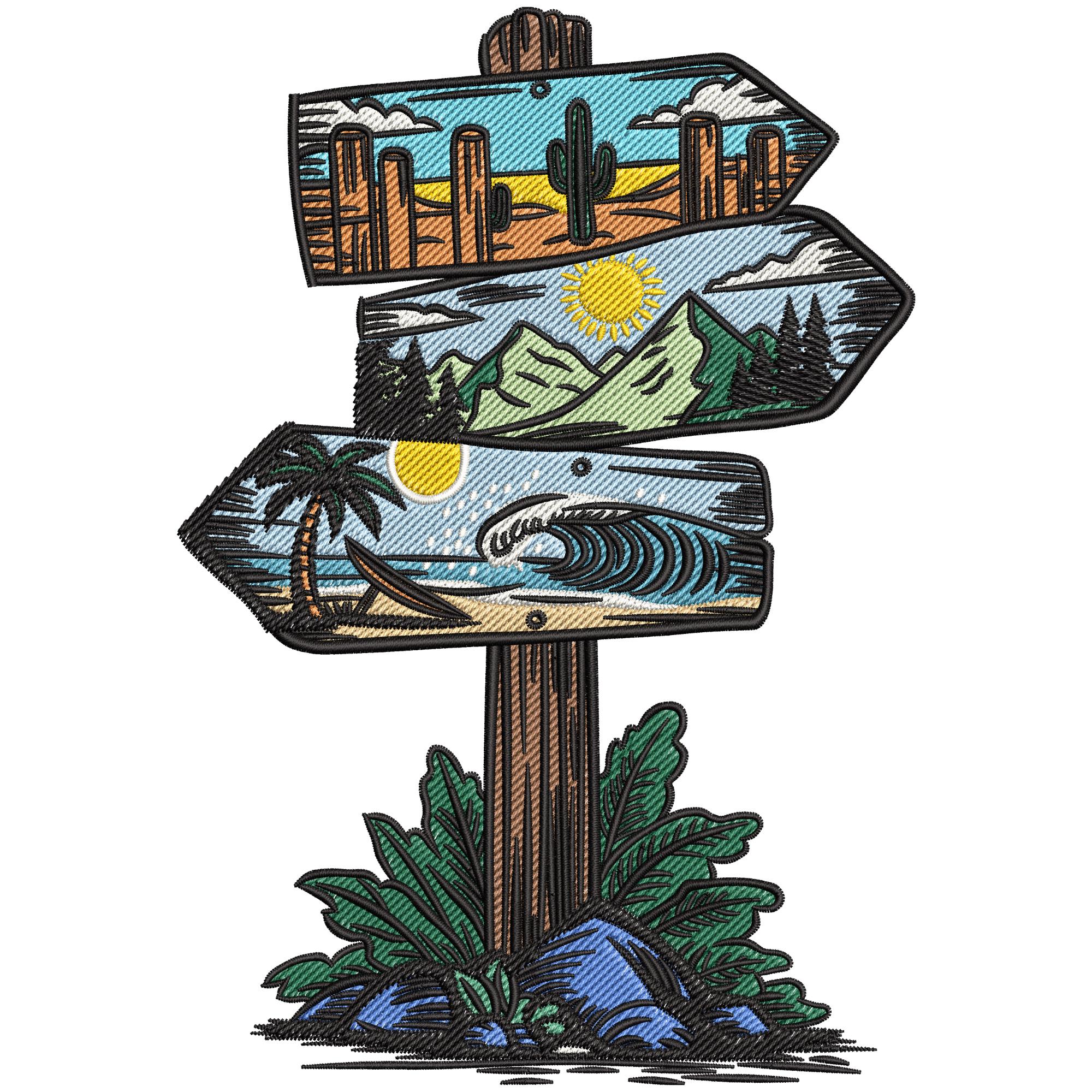 Adventure Signpost Embroidery Design, Mountain and Beach Travel Machine ...