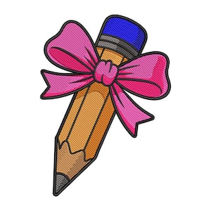 Könnte beinhalten: Ein gelber Holzbleistift mit einem dunkelblauen Radiergummi und einer Metallfassung, verziert mit einer großen, leuchtend pinkfarbenen Schleife, die um die Mitte gebunden ist. Das Design hat eine dicke schwarze Kontur und eine Textur.