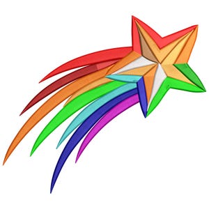 Op de afbeelding: Een kleurrijk sterrenpatroon. De veelkleurige ster heeft een regenboogstaart. De ster heeft een gelaagd uiterlijk met tinten rood, oranje, geel, wit en groen. De staart bevat rode, oranje, groene, blauwe en paarse strepen.