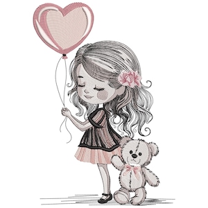 Könnte beinhalten: Gesticktes Design eines Mädchens, das einen herzförmigen Ballon hält und neben einem Teddybären steht. Das Mädchen trägt ein schwarz-rosa Kleid und hat eine rosa Blume im Haar. Der Teddybär hat eine rosa Schleife.