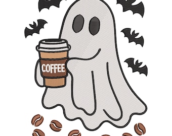 Koffie Ghost borduurwerk ontwerpen, Spooky Boo Halloween Machine borduurwerk digitaal bestand, Instant Download