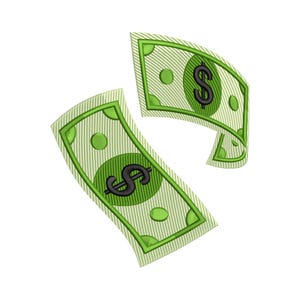 Puede incluir: Dos billetes bordados en verde y blanco con símbolos de dólar negros. Los billetes tienen un fondo a rayas y detalles circulares verdes. Los billetes están ligeramente curvados, dando una sensación de movimiento.