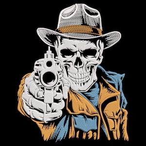May include: A detailed illustration of a skull wearing a cowboy hat and a jacket, holding a gun. The skull is white with black shading, and the hat is gray with a brown band. The jacket is blue and gold, set against a black background.