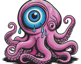 Diseño de bordado de pulpo cíclope llorón, diseño de bordado de pulpo a máquina, archivo de bordado de criaturas marinas, archivos de bordado de pulpo