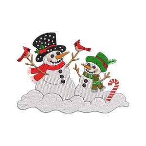 May include: Embroidered design featuring two snowmen with twig arms, carrot noses, and coal eyes. One snowman wears a black top hat with white polka dots and a red scarf. The other snowman wears a green hat and scarf. Red cardinals perch on their twig arms.