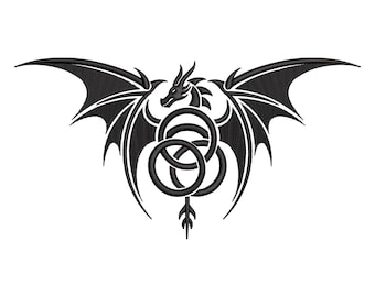 Diseño de bordado estilo tatuaje de dragón, archivo de bordado a máquina con puntada de alas tribales, descarga instantánea