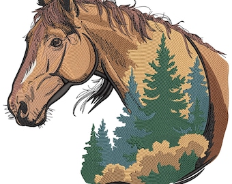 Peut inclure: Broderie d'une tête de cheval, avec des tons bruns et beiges. La forme du cheval est partiellement remplie d'une scène de forêt avec des arbres verts et bleus, créant un mélange unique d'imagerie naturelle et animale.