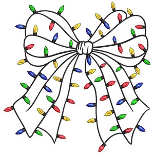 May include: A white bow with a black outline, adorned with colorful Christmas lights. The lights are in various colors, including red, green, yellow, and blue, creating a festive and decorative design. This image is suitable for holiday-themed crafts and decorations.