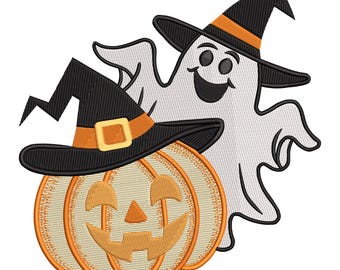 Pumpkin with Witch Hat and Ghost Embroidery Design, Festive Halloween Machine Embroidery Digital File