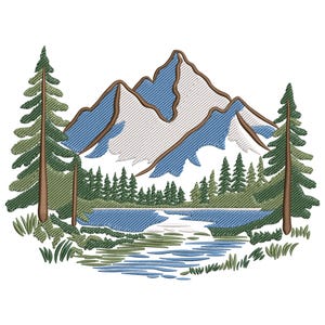 May include: Embroidered mountain scene with a lake and evergreen trees. The mountains are blue and white with brown outlines. The lake is blue, and the trees are green and brown. The design is on a white background.