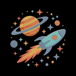 May include: A vibrant illustration of a rocket ship in space, with stars and planets. The rocket is light blue with orange and red flames. A planet with rings and other celestial bodies are also featured.