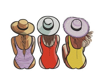 May include: An embroidered design featuring three figures in swimsuits and sun hats, viewed from the back. The figures are in a row, each wearing a different color swimsuit: purple, red, and yellow. The hats are tan, white, and lavender.