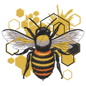 May include: Embroidered bee design with black, yellow, and orange details. The bee has detailed wings and is surrounded by yellow honeycomb shapes and a black geometric design. The image is on a white background.