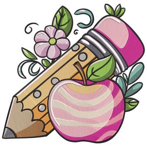 Bleistift und Apfel Stickdatei, Stickdatei, Stickdatei für Schule, Schule Lehrer, Instant Download