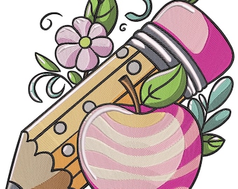 Pencil and Apple Embroidery Design, School Teacher Embroidery Design, Back To School Embroidery File, Instant Download