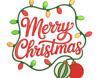 Merry Christmas Embroidery Design, Holiday Lights & Ornament Lettering Machine Embroidery File, Instant Download