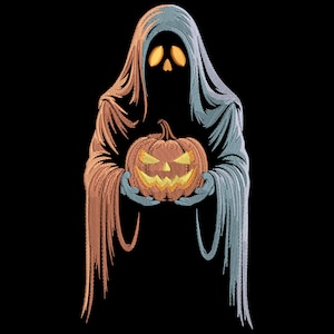 May include: A Halloween-themed illustration of a hooded figure holding a carved pumpkin. The figure is depicted in shades of orange and blue, with glowing yellow eyes and a jack-o'-lantern. The background is solid black, emphasizing the spooky design.