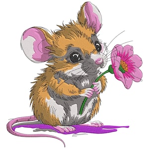 Cute Mouse Holding Flower Embroidery Design, Mouse Machine Embroidery File, Spring Mouse Embroidery File, Daisy Flower Embroidery File PES