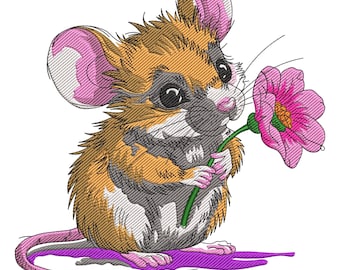Cute Mouse Holding Flower Embroidery Design, Mouse Machine Embroidery File, Spring Mouse Embroidery File, Daisy Flower Embroidery File PES