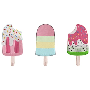 Puede incluir: Tres bordados de helados sobre un fondo blanco. Uno es rosa con glaseado blanco y chispas, otro es rosa, amarillo y azul, y el último es un diseño de sandía con un mordisco.