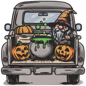 May include: A gray truck bed filled with Halloween decorations. There are two carved orange pumpkins, a cauldron with green bubbling liquid, and a gnome wearing a witch hat. A large orange pumpkin sits in the back of the truck.