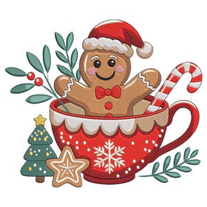 Könnte beinhalten: Festliches Weihnachtsdesign mit einem Lebkuchenmann mit Weihnachtsmütze, der in einer roten Tasse mit Schneeflockenmuster sitzt. Eine Zuckerstange, ein Weihnachtsbaum und ein sternförmiger Keks vervollständigen die Szene.