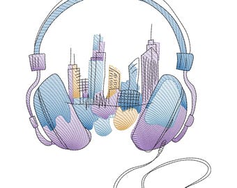 Hoofdtelefoon stadsgezicht borduurontwerp, Urban Music Lover Machine borduurwerk digitaal bestand, Instant Download
