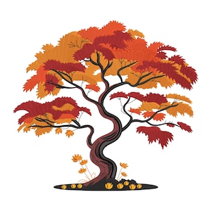 Puede incluir: Árbol bordado con tronco y ramas de color marrón oscuro, y una copa llena de hojas rojas y naranjas. El árbol está sobre un fondo blanco, con pequeñas flores amarillas en la base.