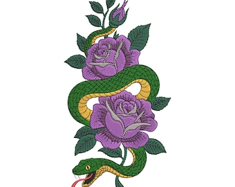 Snake and Purple Rose Embroidery Design, Floral Snake Machine Embroidery File, Gothic Rose Serpent Embroidery