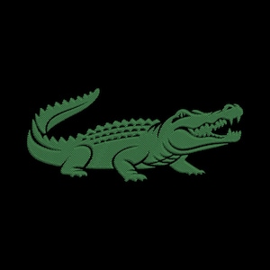 Könnte beinhalten: Grünes, gesticktes Krokodil-Logo auf schwarzem Hintergrund. Das Krokodil ist mit strukturierten Stichen detailliert, die seine Schuppen und das offene Maul hervorheben. Ein klassisches Emblem.