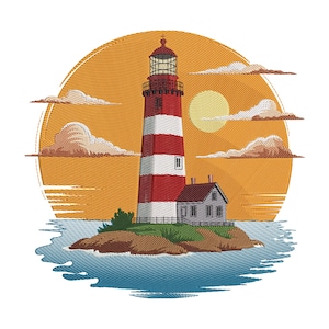 May include: Embroidered design of a lighthouse with red and white stripes, a small house, and a rising sun. The lighthouse is on a small island surrounded by water, with clouds in the sky. The design is in shades of red, white, orange, and blue.